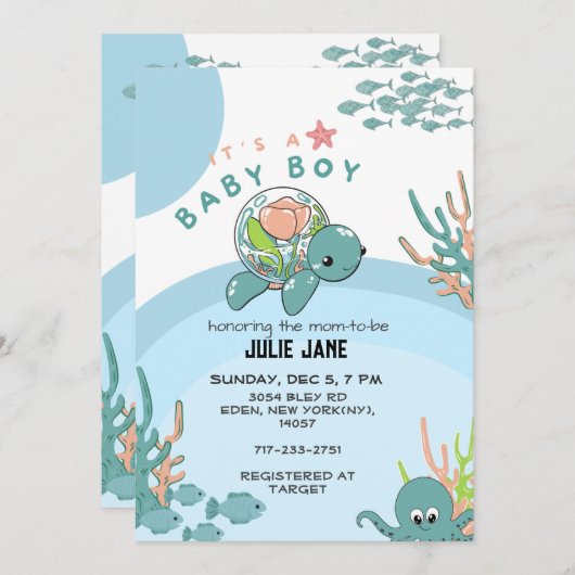 海の青い水の色の下で男の子のための赤ちゃんシャワー 招待状 (正面/裏面)