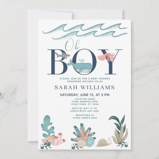海の青い水の色の下Oh男の子の赤ちゃんシャワー 招待状 (正面)