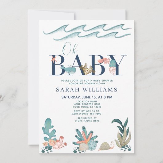 海の青い水の色の下Oh赤ちゃんシャワー 招待状 (正面)