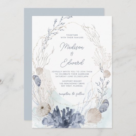 海の青い水色のサンゴの貝殻の下結婚で 招待状 (正面/裏面)