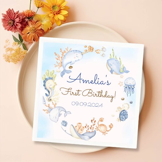 海の青い海の生命の誕生日パーティーの下 スタンダードカクテルナプキン