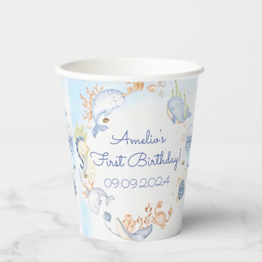 海の青い海の生命の誕生日パーティーの下 紙コップ (正面)