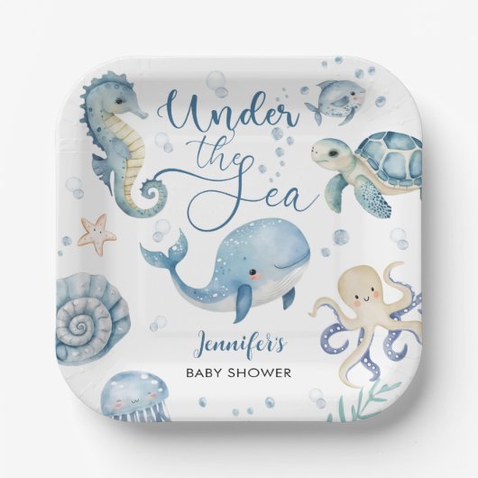海の青い男の子の水色のベビーシャワーの下 ペーパープレート (正面)