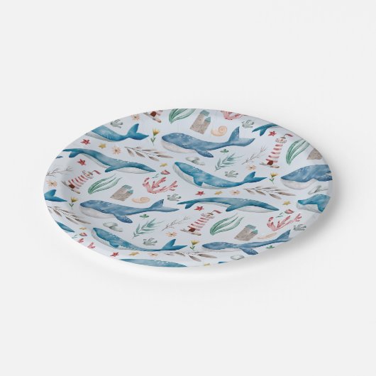 海の青い男の子の赤ちゃんのシャワーの下でクジラ ペーパープレート (アングル)