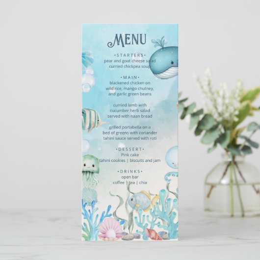 海の青い男の子の赤ちゃんシャワーメニューカードの下 メニュー (スタンド正面)