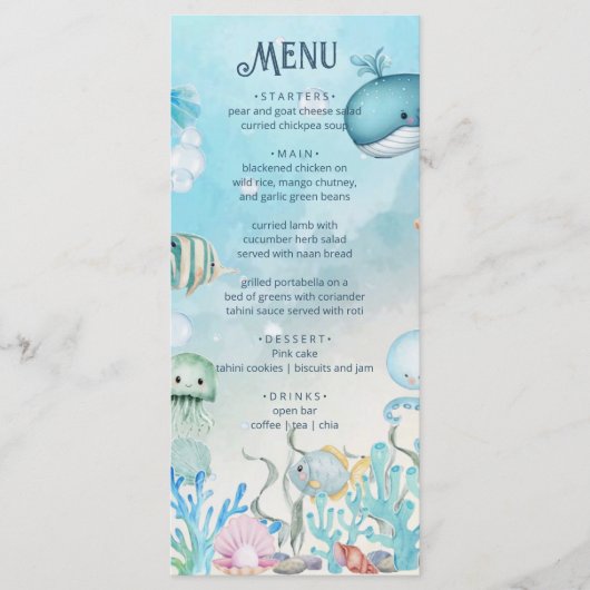 海の青い男の子の赤ちゃんシャワーメニューカードの下 メニュー (正面)