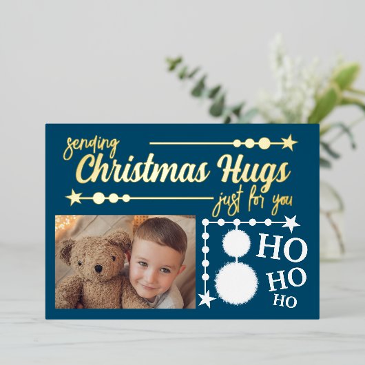 海の青い白いクリスマスハグだけで写真 箔シーズンカード (立ち正面)