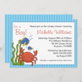 海の青い縞の男の子のベビーシャワーの下 招待状 (正面/裏面)