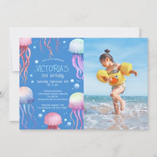海の青い誕生日パーティーの写真の下 招待状 (正面)
