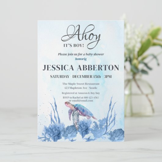 海の青い赤ちゃんシャワーの下の男の子だ 招待状 (スタンド正面)