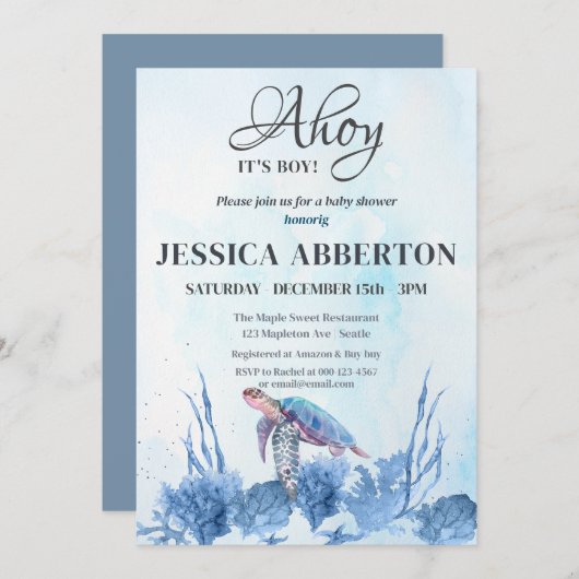 海の青い赤ちゃんシャワーの下の男の子だ 招待状 (正面/裏面)