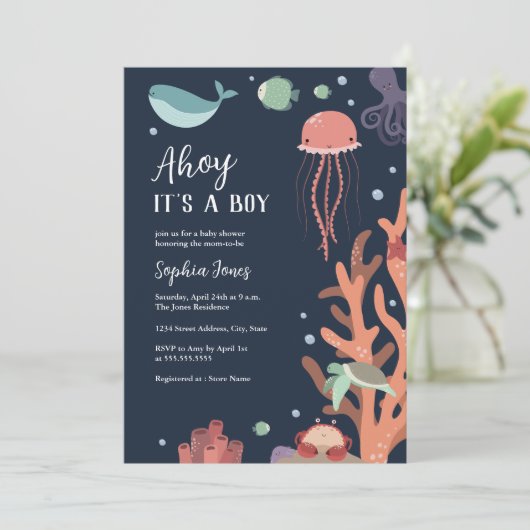 海の青い赤ちゃんシャワーの下の男の子だ 招待状 (スタンド正面)