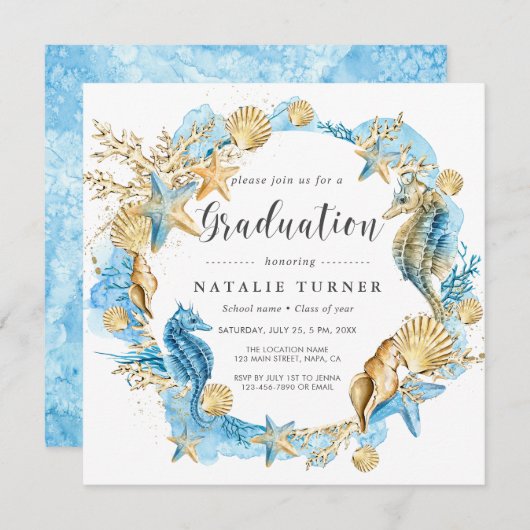 海の青い金ゴールドの卒業の招待状の下 招待状 (正面/裏面)