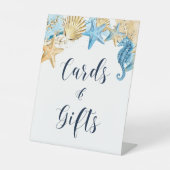 海の青い金ゴールドの結婚式のカードとギフトの下 台座サイン (正面)