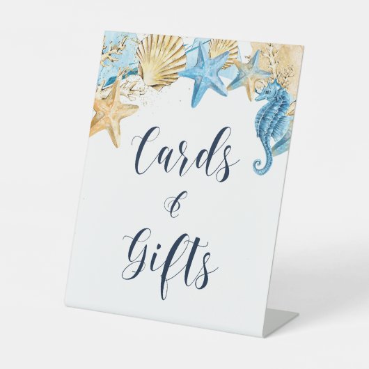 海の青い金ゴールドの結婚式のカードとギフトの下 台座サイン (正面)