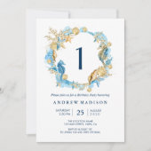 海の青い金ゴールドの誕生日のパーティの招待状の下 招待状 (正面)