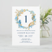 海の青い金ゴールドの誕生日のパーティの招待状の下 招待状 (スタンド正面)