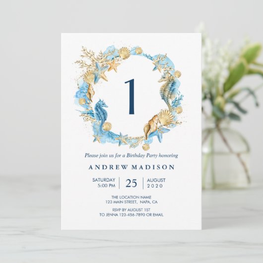 海の青い金ゴールドの誕生日のパーティの招待状の下 招待状 (スタンド正面)