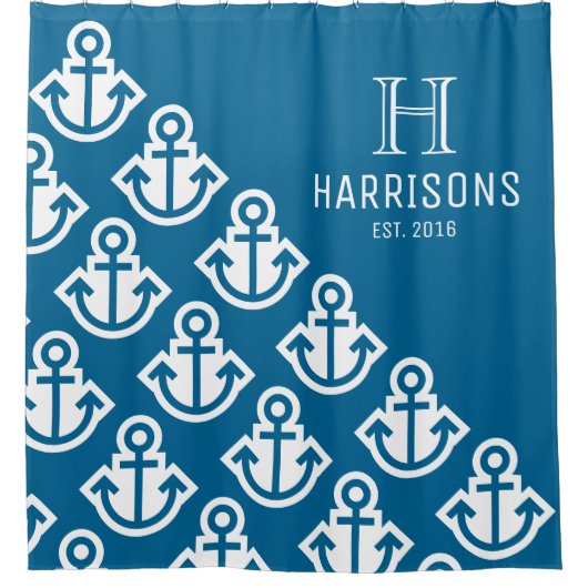 海の青く航海のないかりのパーソナライズな姓 シャワーカーテン (正面)