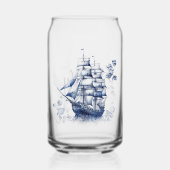 海の青と白のデルフトスタイル帆船 ガラス缶 (正面)