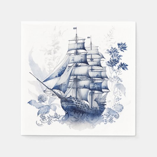 海の青と白のデルフトスタイル帆船 スタンダードカクテルナプキン (正面)
