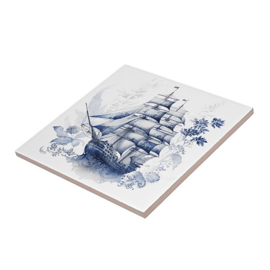 海の青と白のデルフトスタイル帆船 タイル (側面)