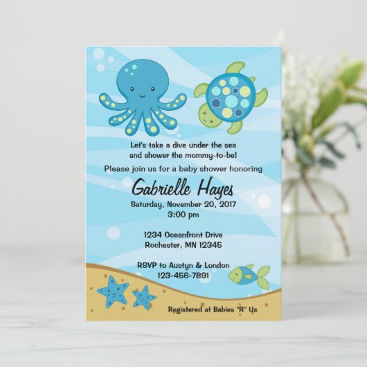 海の青のベビーシャワー招待状の下 招待状 (スタンド正面)