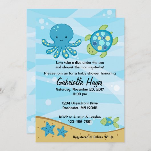 海の青のベビーシャワー招待状の下 招待状 (正面/裏面)
