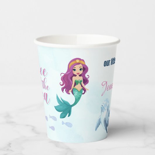 海の青の人魚の女の子に3つ誕生日 紙コップ (左)
