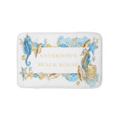 海の青及び金ゴールドのタツノオトシゴのビーチハウスの下 バスマット (正面)