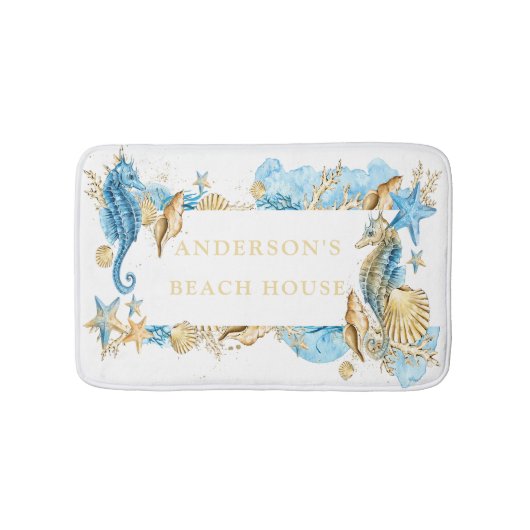 海の青及び金ゴールドのタツノオトシゴのビーチハウスの下 バスマット (正面)