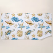 海の青及び金ゴールドのタツノオトシゴの下 ビーチタオル (正面)