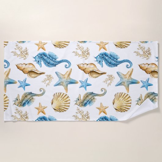 海の青及び金ゴールドのタツノオトシゴの下 ビーチタオル (正面)