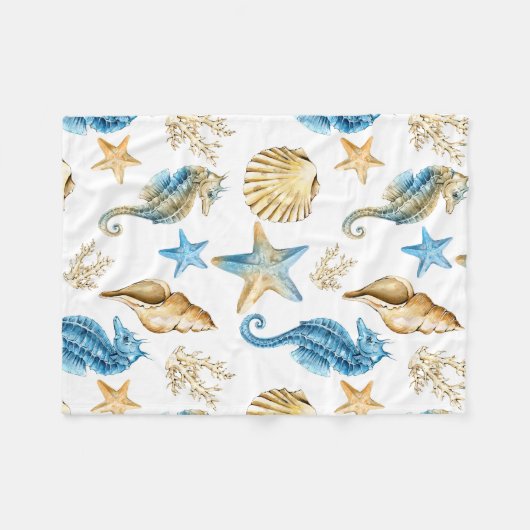 海の青及び金ゴールドのタツノオトシゴの下 フリースブランケット (正面(横))