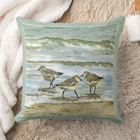 海の青緑のシギのビーチの鳥の水彩画 クッション (ブランケット)