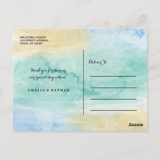 海の青金ゴールド写真結婚の感謝のポストカード ポストカード (裏面)
