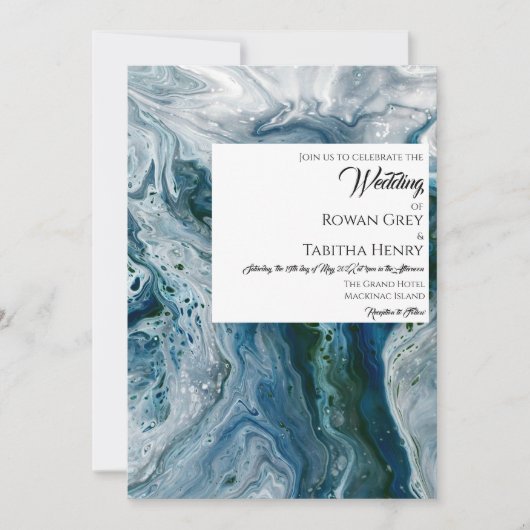 海の青 アルコールインクペイント エレガントなウェディング 招待状 (正面)