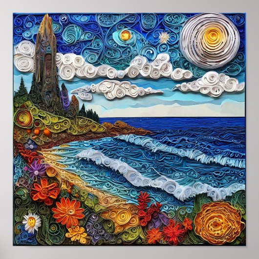 🌊 海の風景の切り絵ペーパーアート 海の波の沿岸 ポスター (正面)