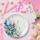 海の飛沫 オーシャンブルー ウェディング 水彩 海サンゴ ペーパープレート (パーティー)