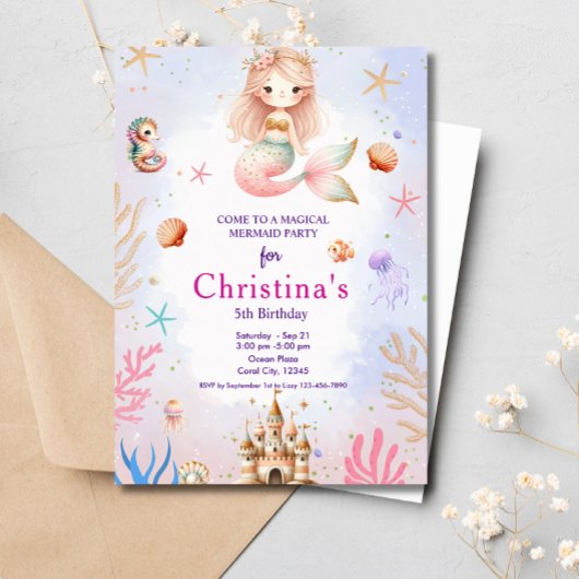海の魔法の誕生日パーティーの下の人魚 招待状