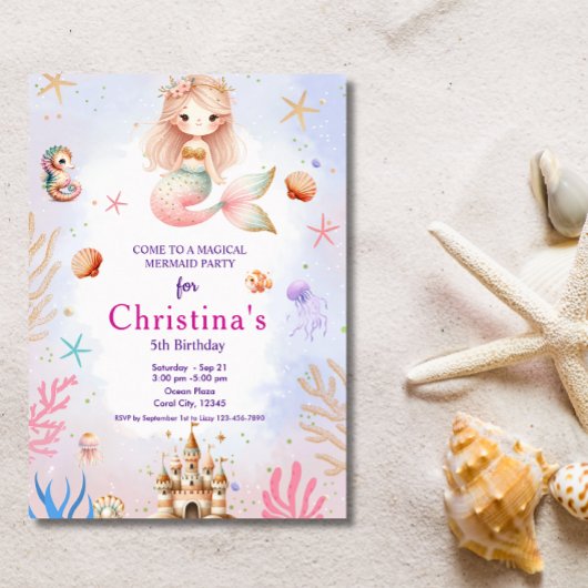 海の魔法の誕生日パーティーの下の人魚 招待状