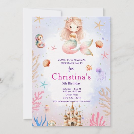 海の魔法の誕生日パーティーの下の人魚 招待状 (正面)