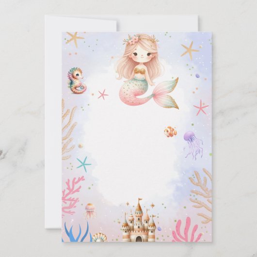 海の魔法の誕生日パーティーの下の人魚 招待状 (裏面)