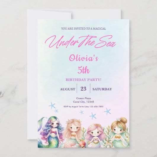 海の魔法の誕生日パーティーガールの下の人魚 招待状 (正面)