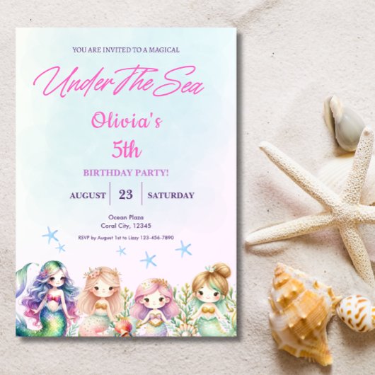 海の魔法の誕生日パーティーガールの下の人魚 招待状