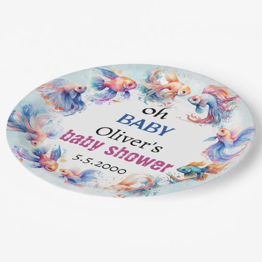 海の魚の赤ちゃんシャワーの下でオベビー ペーパープレート (アングル)