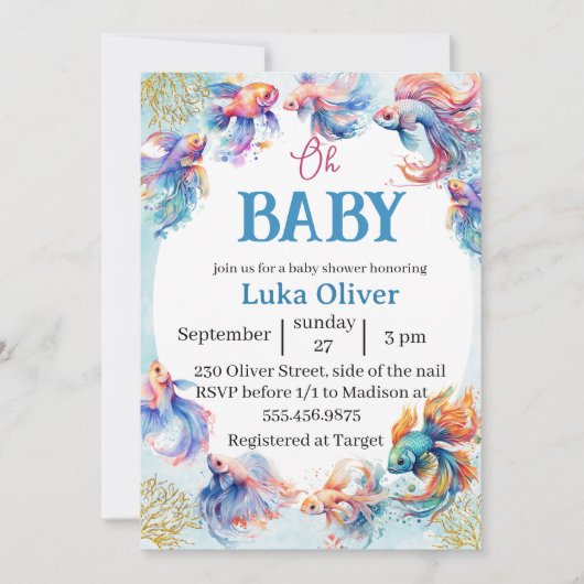 海の魚の赤ちゃんシャワーの下のオベビー 招待状 (正面)