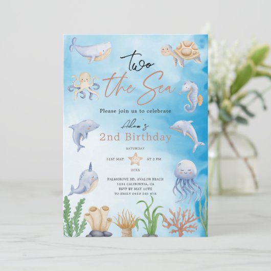 海の2つ、海の下の水の色2番目の誕生日 招待状 (スタンド正面)