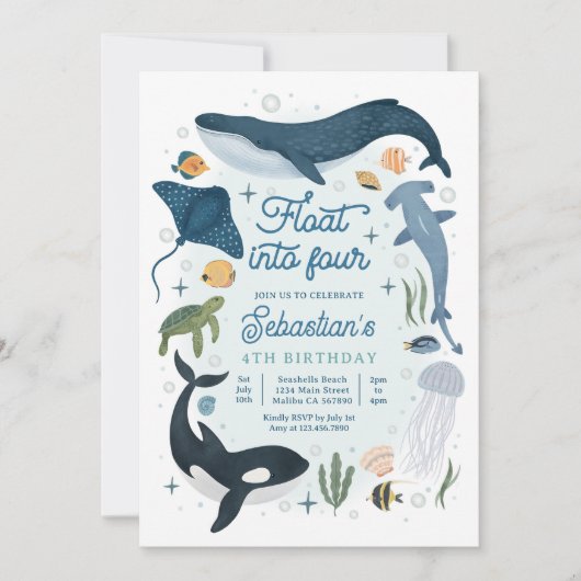 海の4歳の誕生日の下で4つに浮かぶ 招待状 (正面)