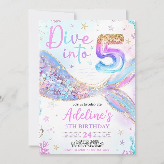 海の5人の人魚パープルターコイズ5人目の人魚の誕生日 招待状 (正面)